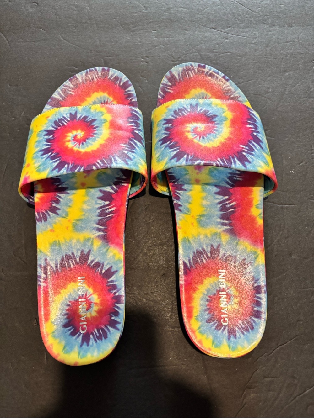 Gianni Bini Multicolor Tie-Dye Slide Sandals - Red, Yellow, Blue, Purple